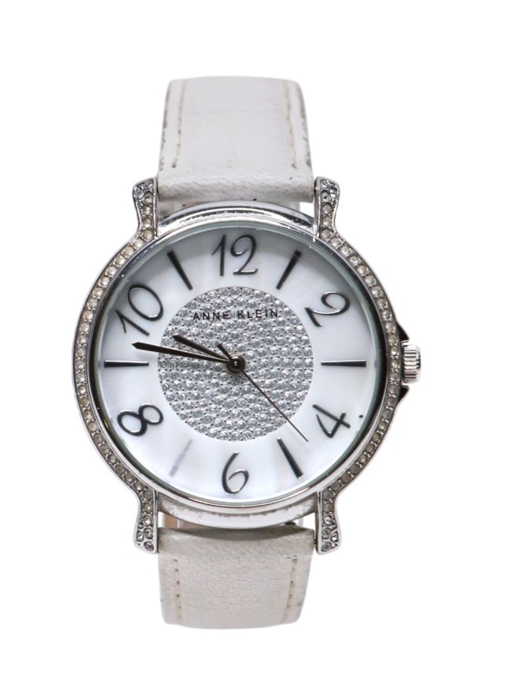 Anne Klein Silver Tone Crystal Pave Dial Watch White Leather Band New Battery